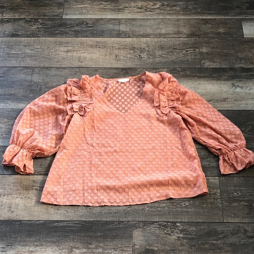 Blu Pepper Textured Peach Blouse with Ruffles